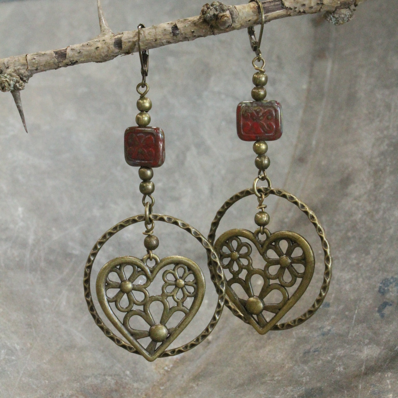 Heart & Czech Drop Hoop Earrings