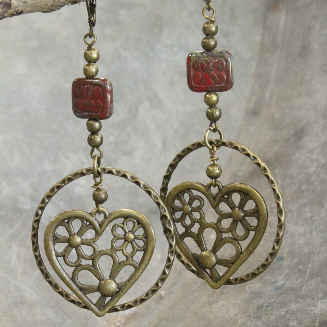 Heart & Czech Drop Hoop Earrings