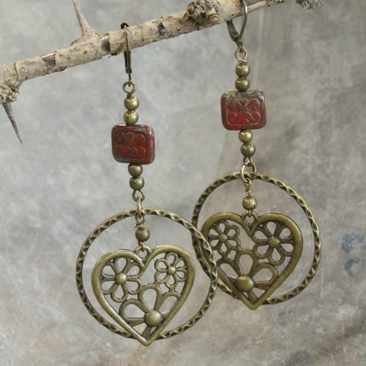 Heart & Czech Drop Hoop Earrings