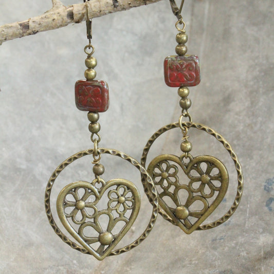 Heart & Czech Drop Hoop Earrings