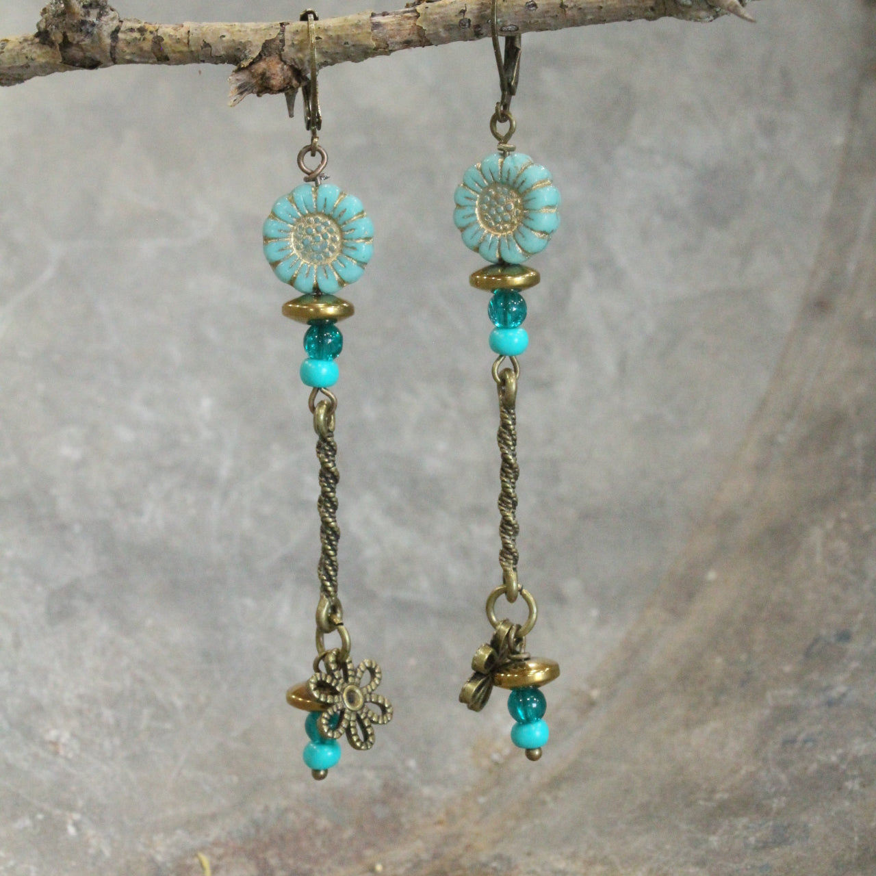 Shades Of Mint Czech Flowers & Bronze Pendant Drop Earrings