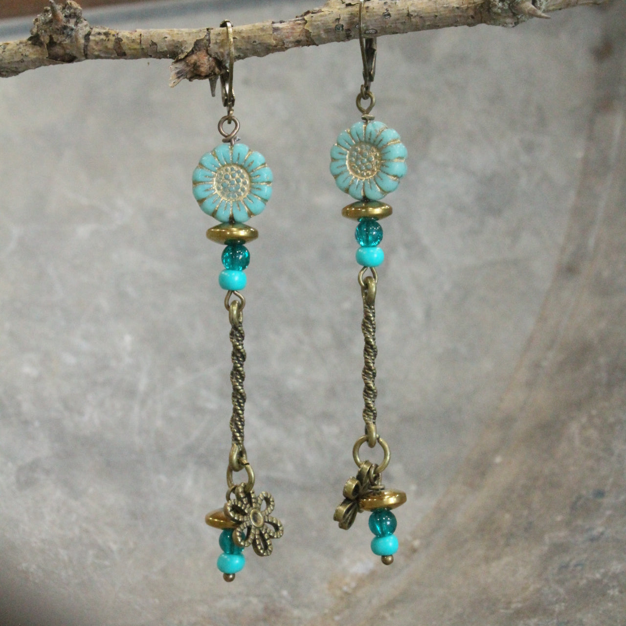 Shades Of Mint Czech Flowers & Bronze Pendant Drop Earrings