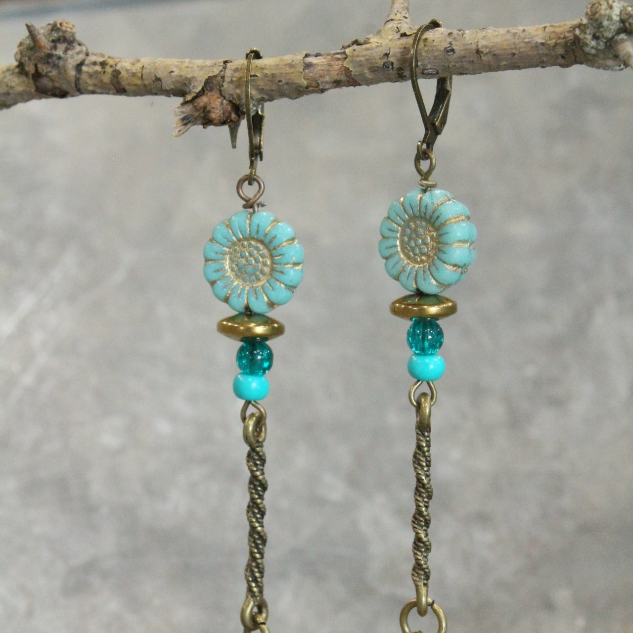 Shades Of Mint Czech Flowers & Bronze Pendant Drop Earrings