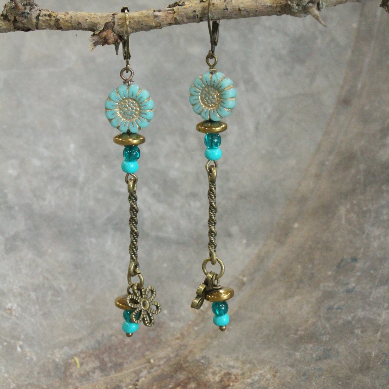 Shades Of Mint Czech Flowers & Bronze Pendant Drop Earrings