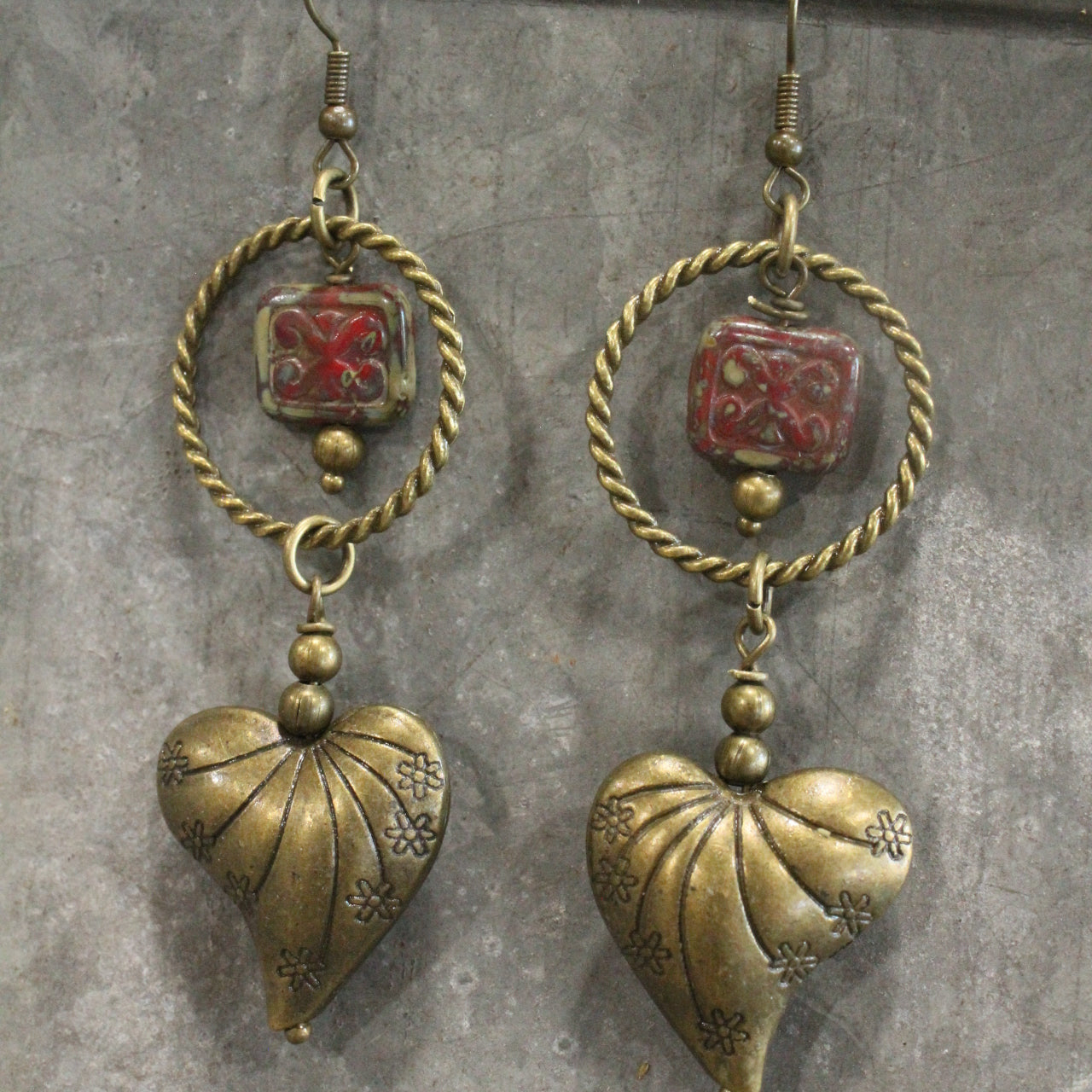 Ethnic Styled Heart & Czech Drop Earrings