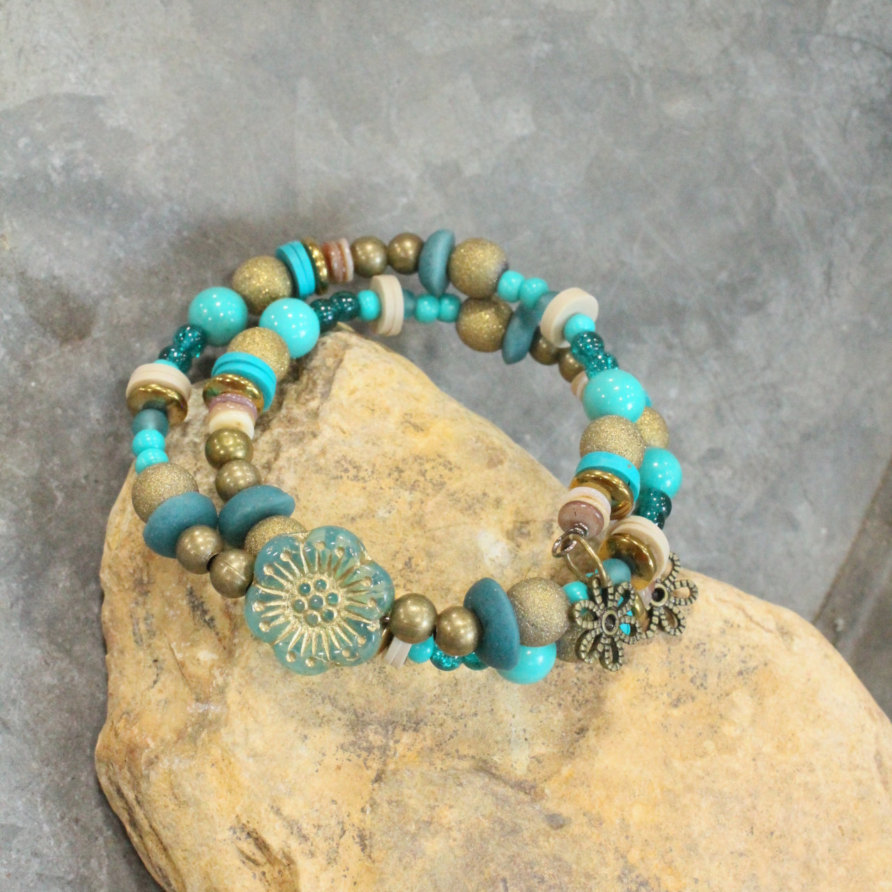 Shades Of Mint Czech Flowers & Bronze Beads Wrap Bracelet