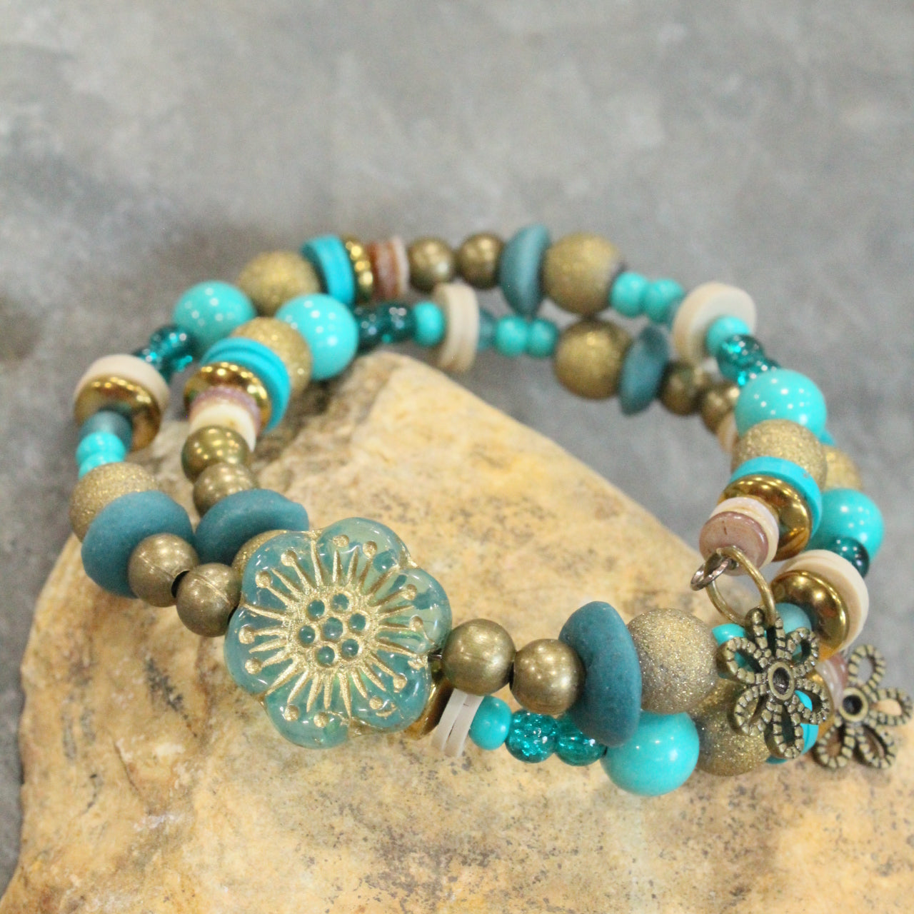 Shades Of Mint Czech Flowers & Bronze Beads Wrap Bracelet