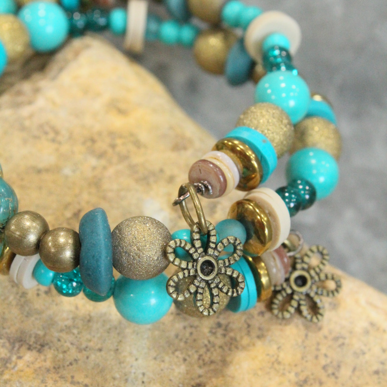 Shades Of Mint Czech Flowers & Bronze Beads Wrap Bracelet