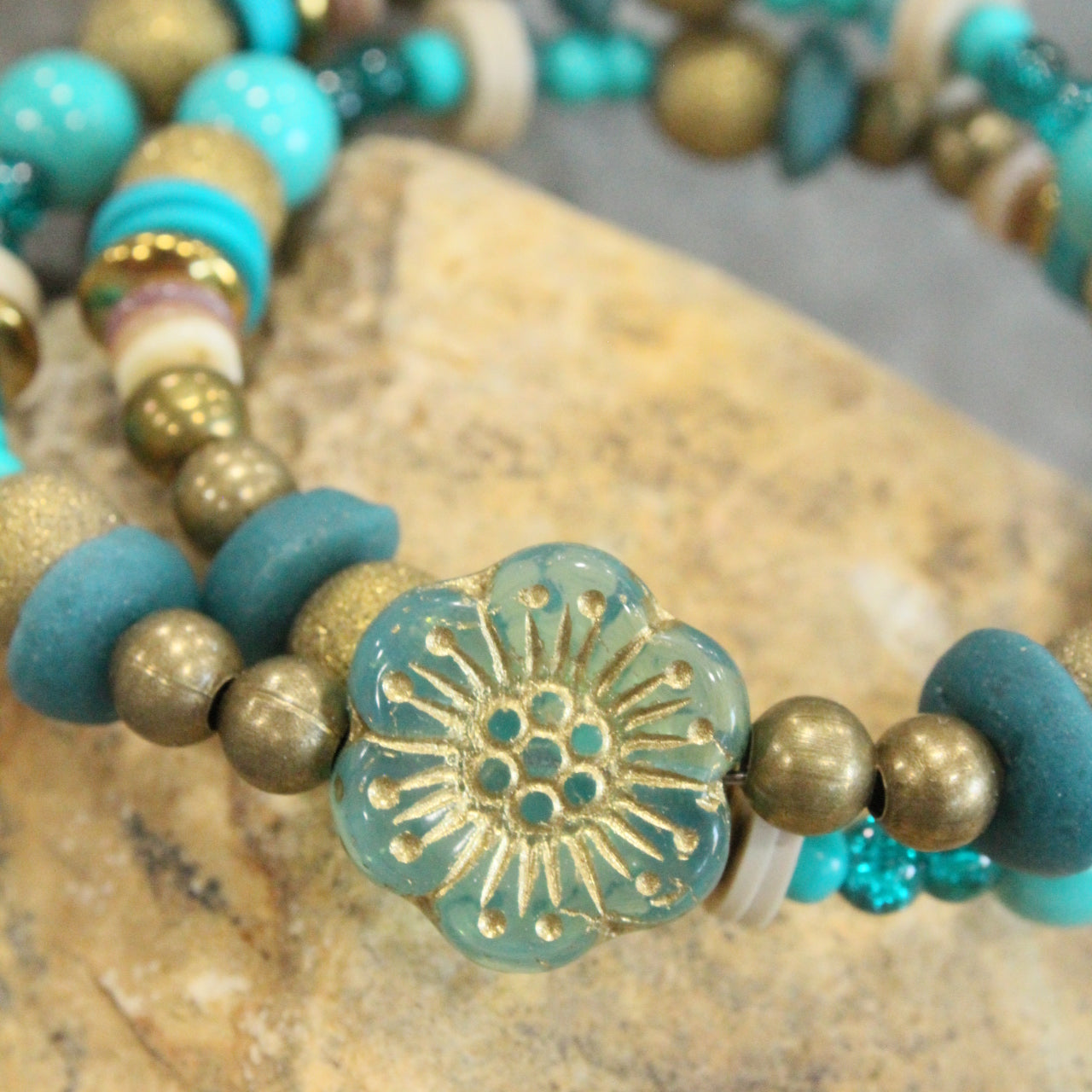 Shades Of Mint Czech Flowers & Bronze Beads Wrap Bracelet