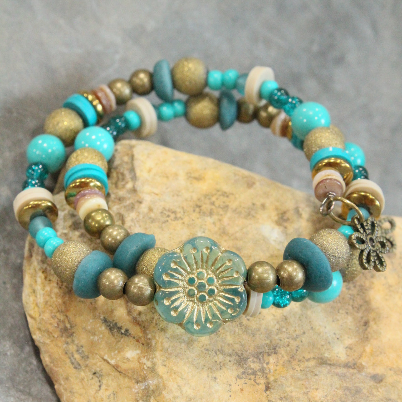 Shades Of Mint Czech Flowers & Bronze Beads Wrap Bracelet