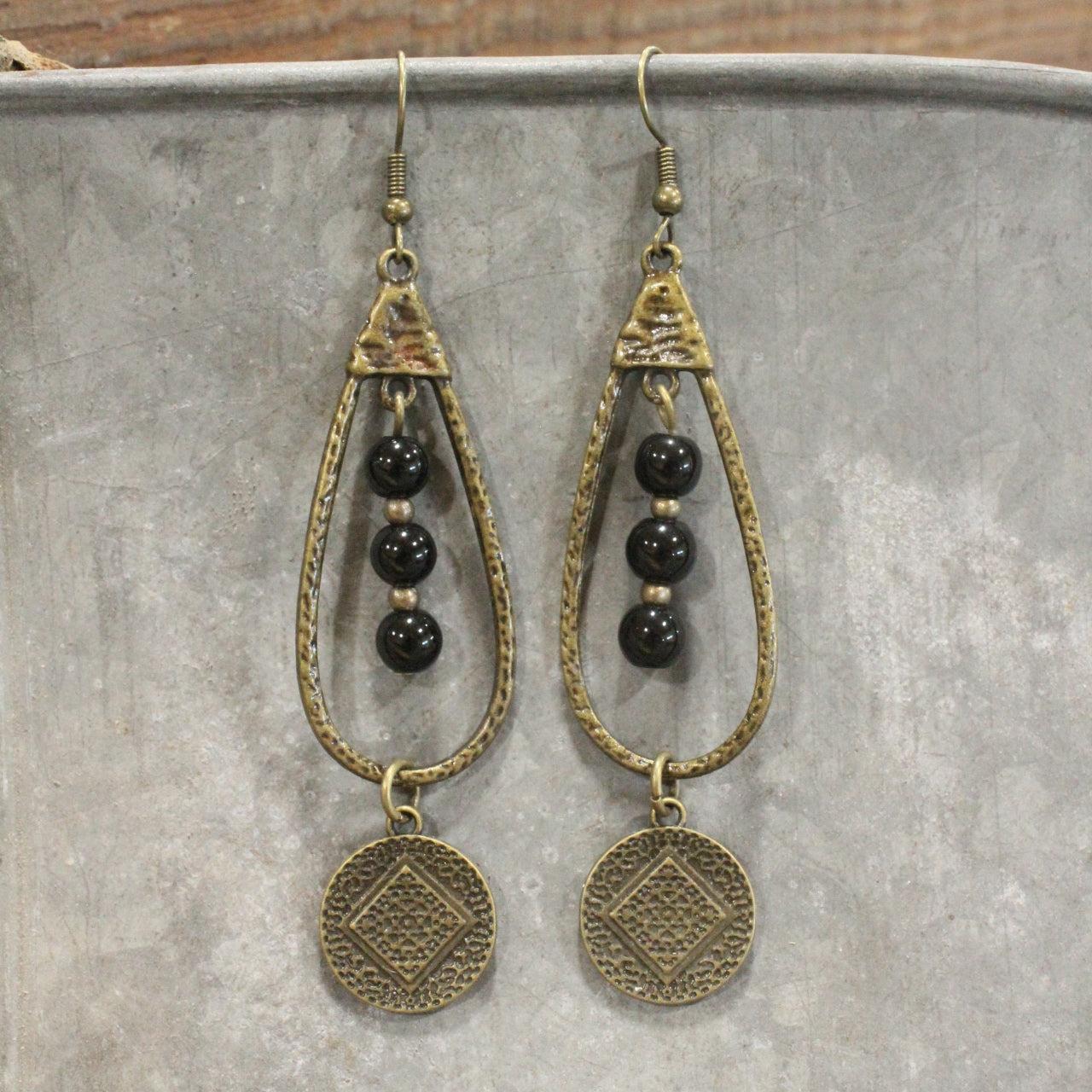 Bronze & Black Stone Pendant Drop Earrings