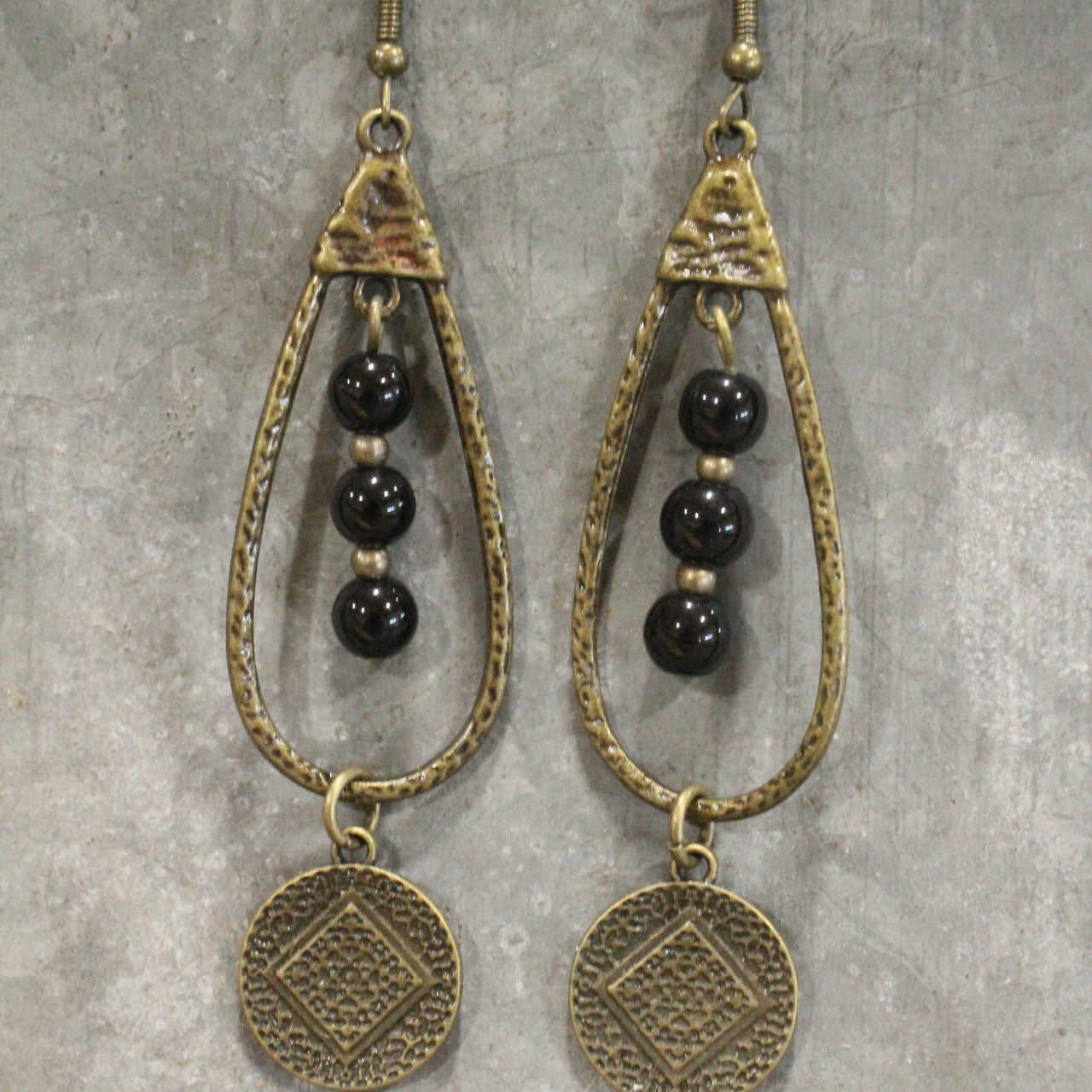 Bronze & Black Stone Pendant Drop Earrings