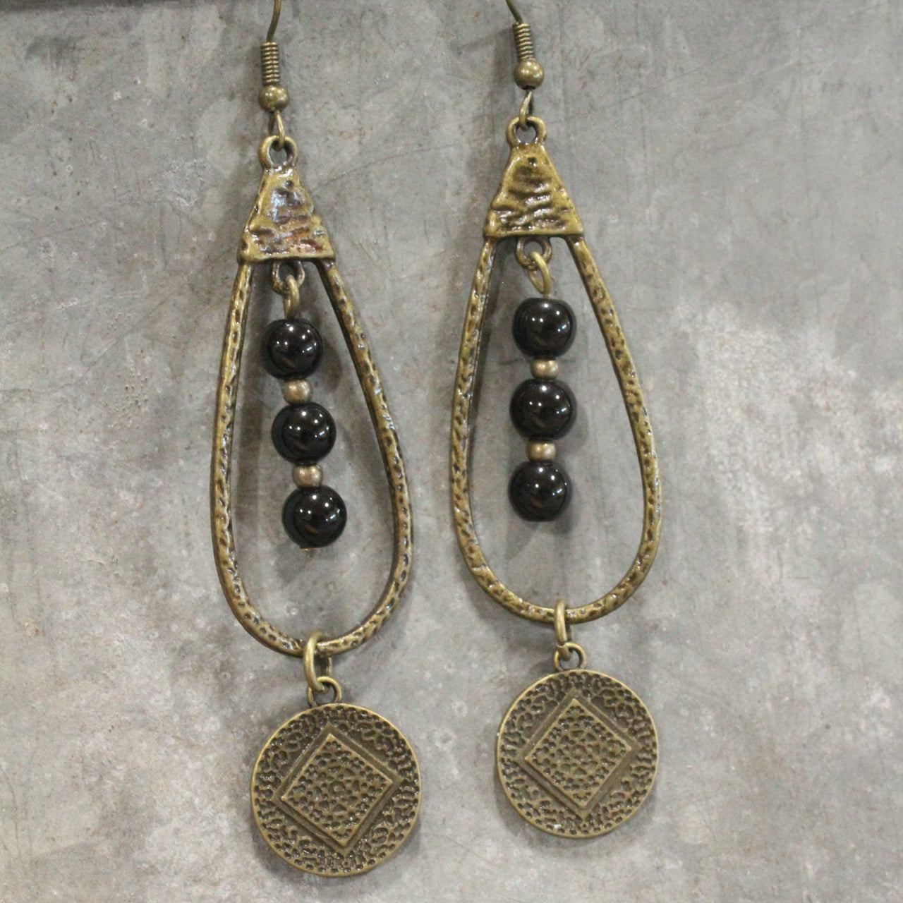 Bronze & Black Stone Pendant Drop Earrings