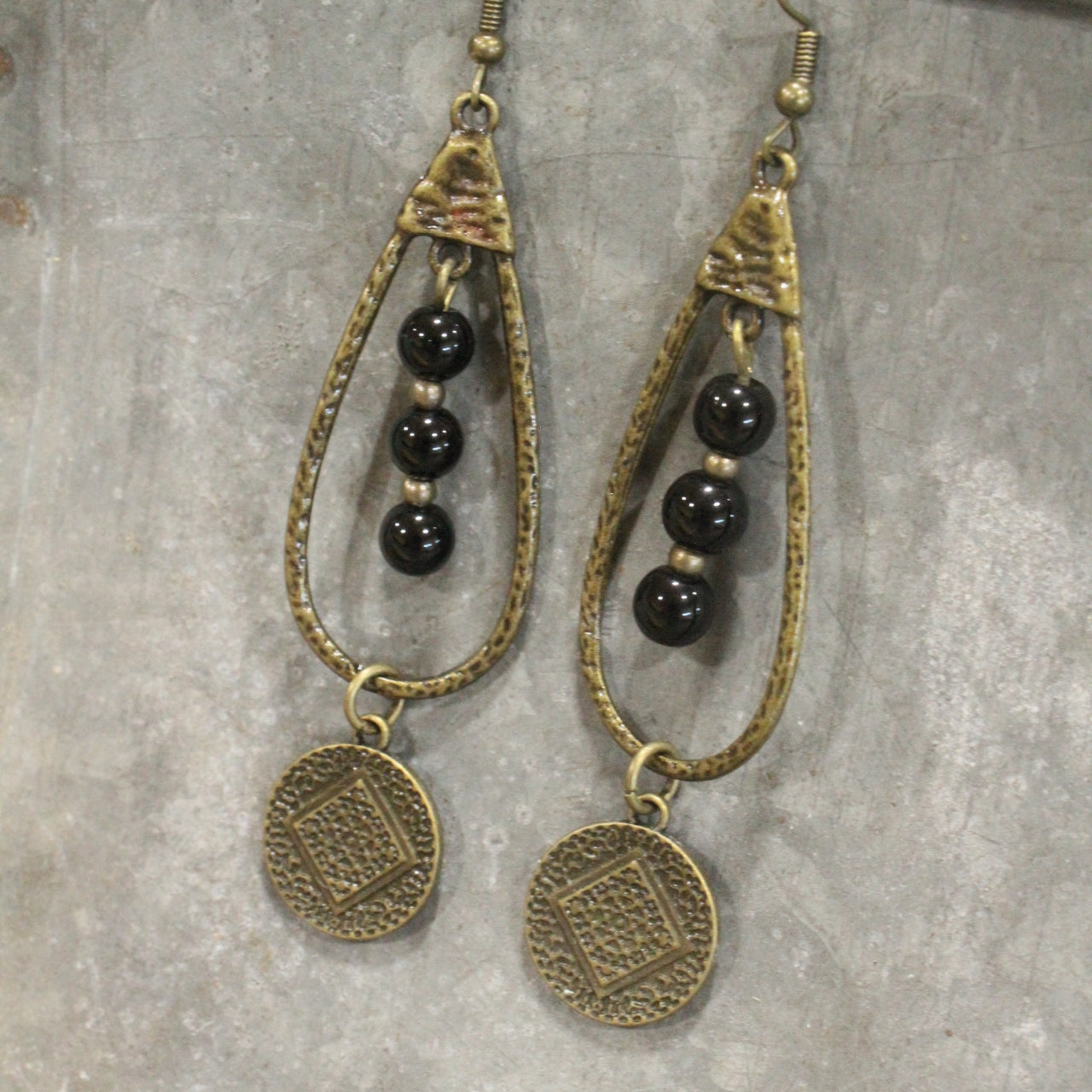 Bronze & Black Stone Pendant Drop Earrings