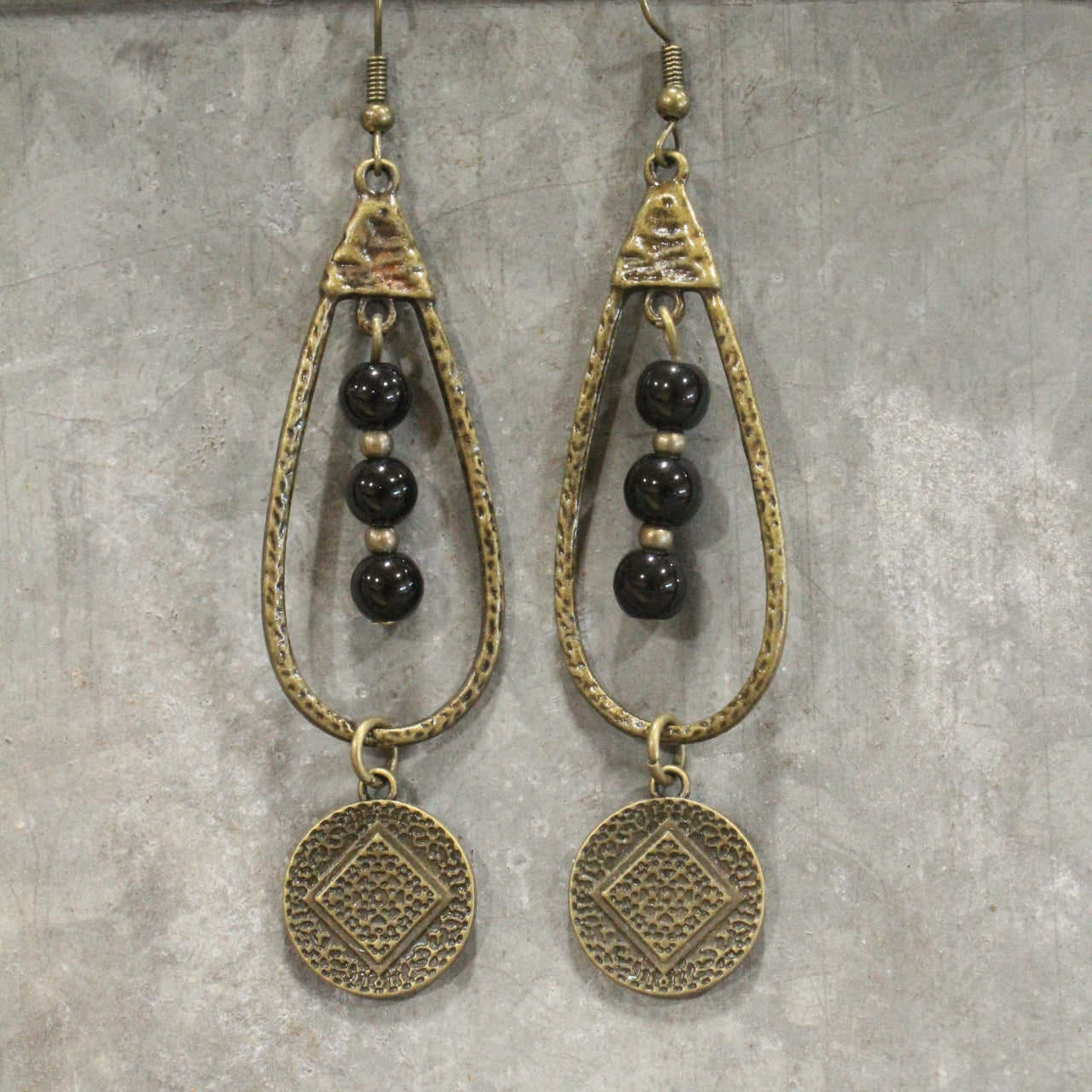 Bronze & Black Stone Pendant Drop Earrings