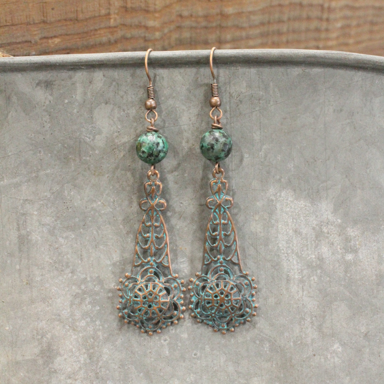 Jade & Copper Filigree Drop Earrings