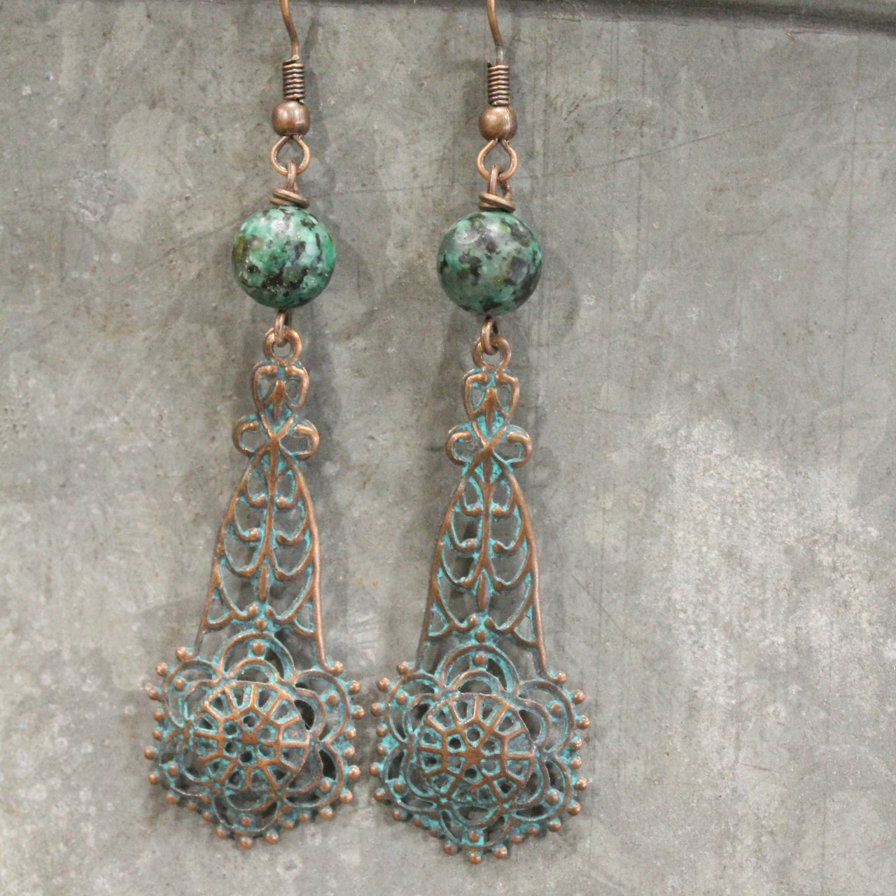 Jade & Copper Filigree Drop Earrings