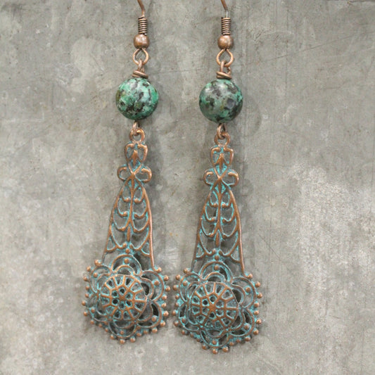 Jade & Copper Filigree Drop Earrings