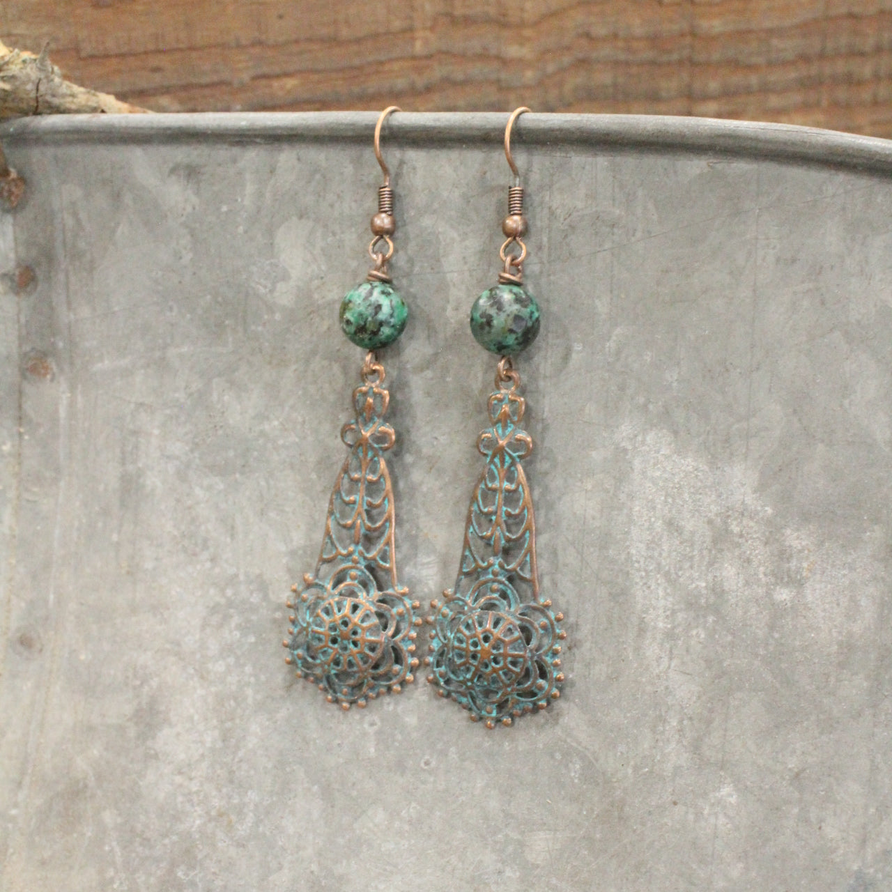 Jade & Copper Filigree Drop Earrings