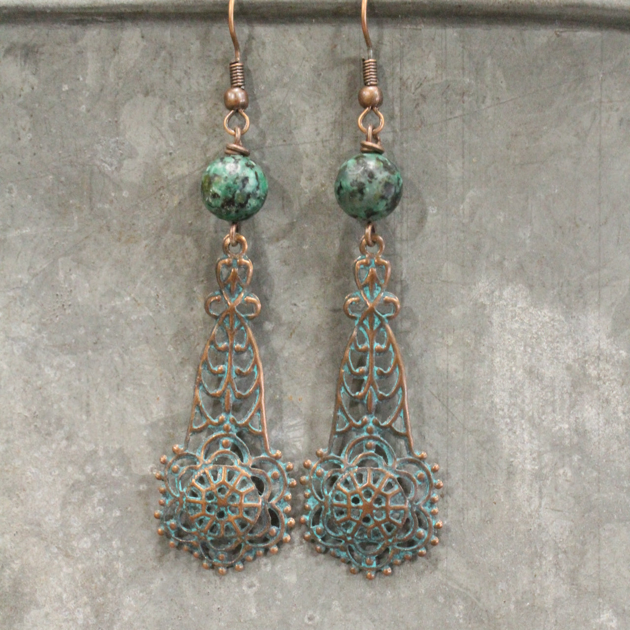 Jade & Copper Filigree Drop Earrings