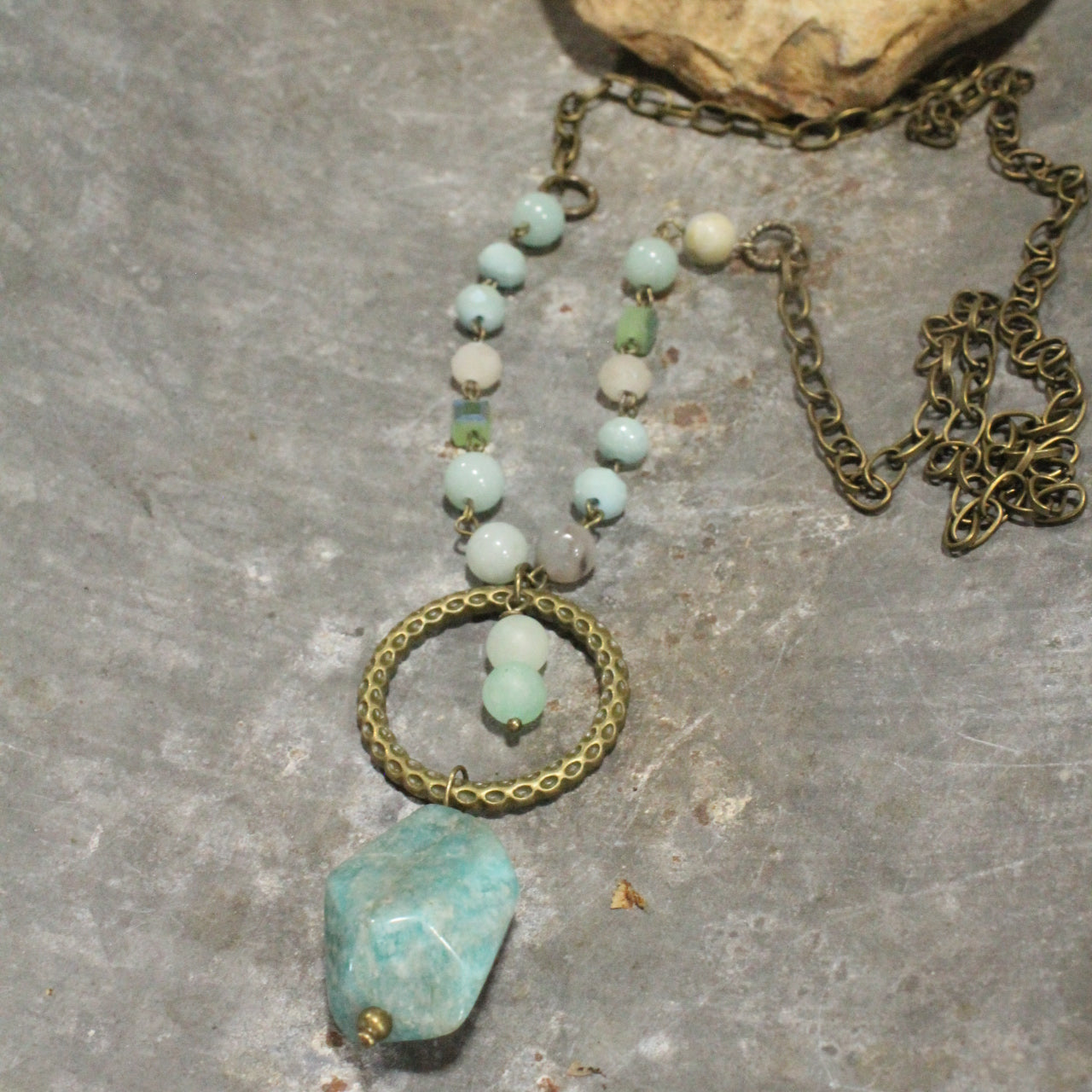 Bohemian Mint Rosary Stone Pendant Necklace