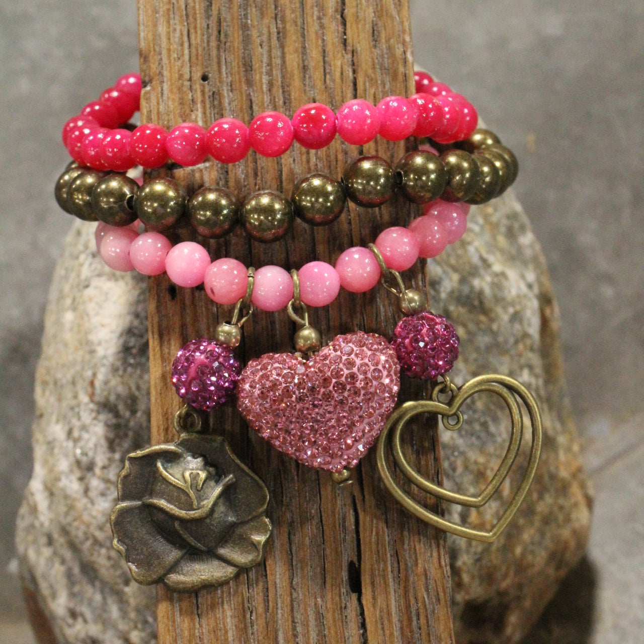 Pink & Passionate Rose & Heart Bracelet Set