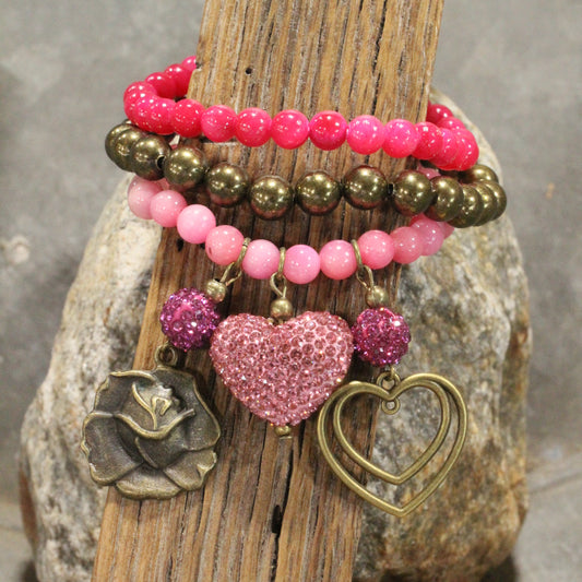 Pink & Passionate Rose & Heart Bracelet Set