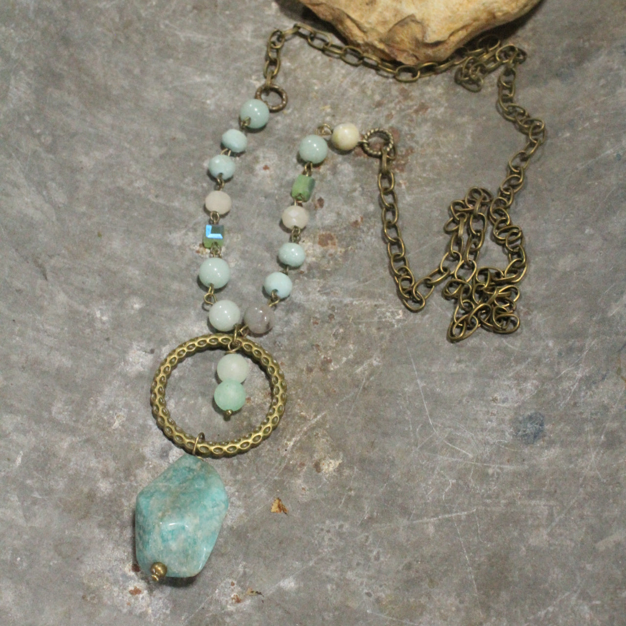 Bohemian Mint Rosary Stone Pendant Necklace