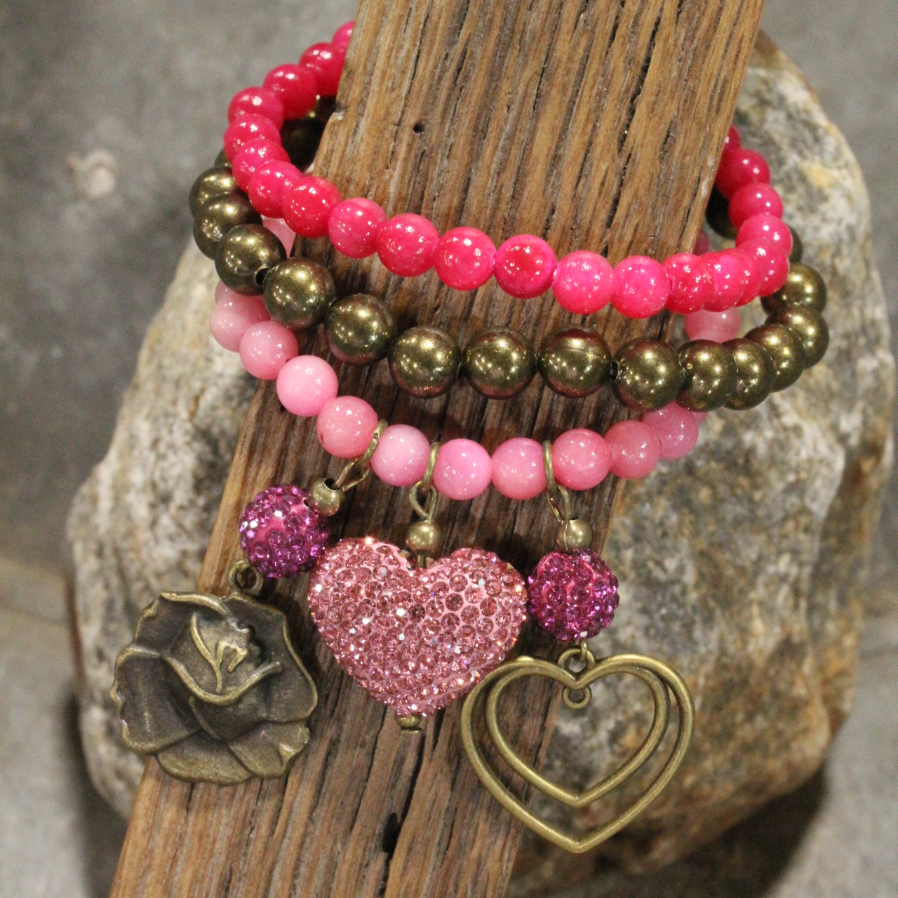 Pink & Passionate Rose & Heart Bracelet Set