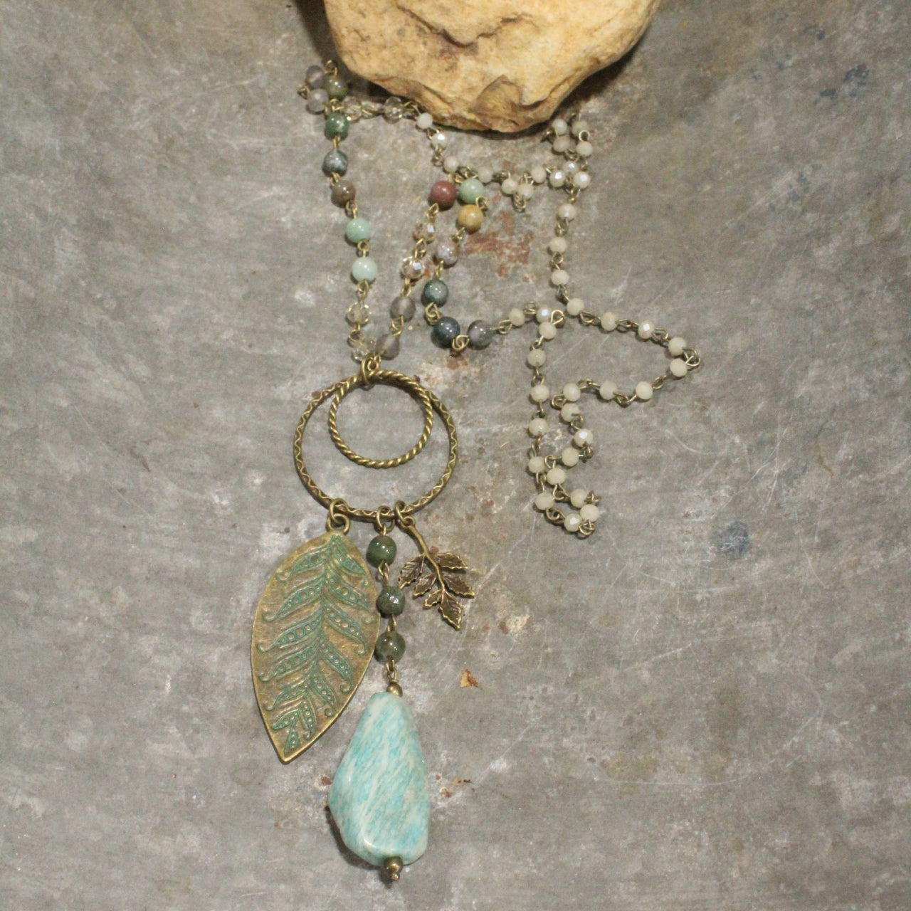 Verdigris Leaf & Beaded Stone Pendant Drop Necklace