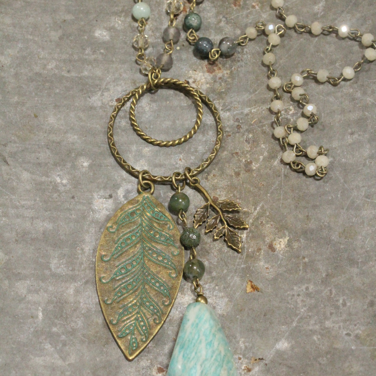 Verdigris Leaf & Beaded Stone Pendant Drop Necklace