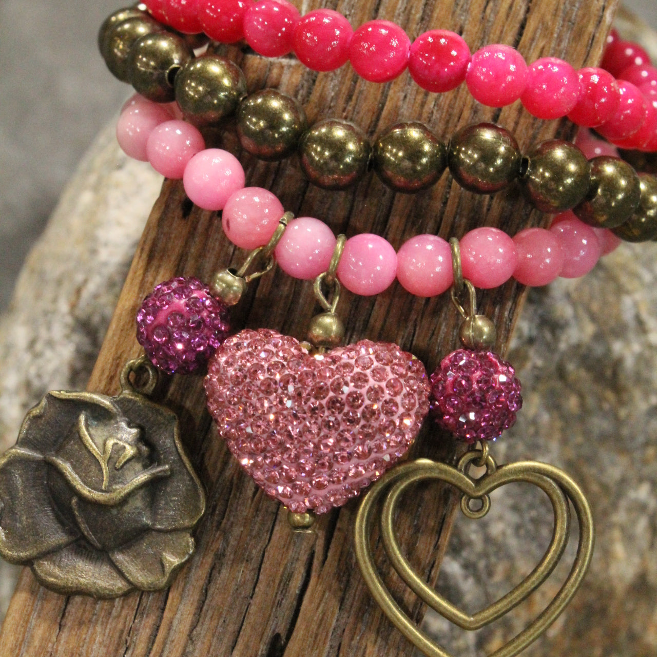 Pink & Passionate Rose & Heart Bracelet Set