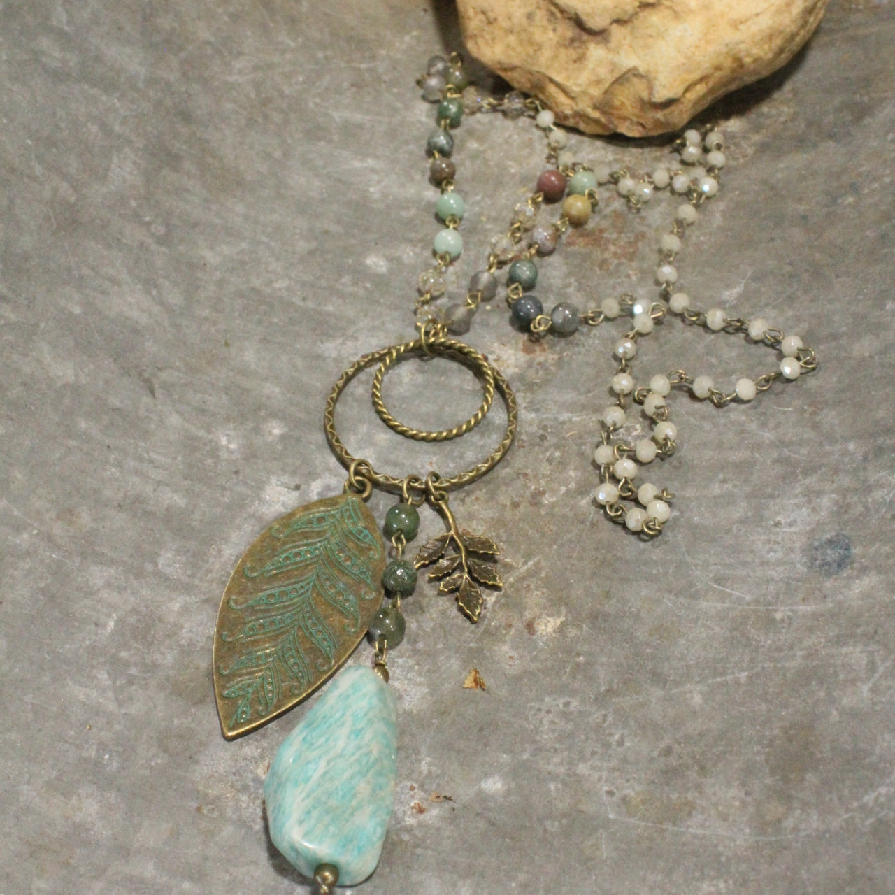 Verdigris Leaf & Beaded Stone Pendant Drop Necklace