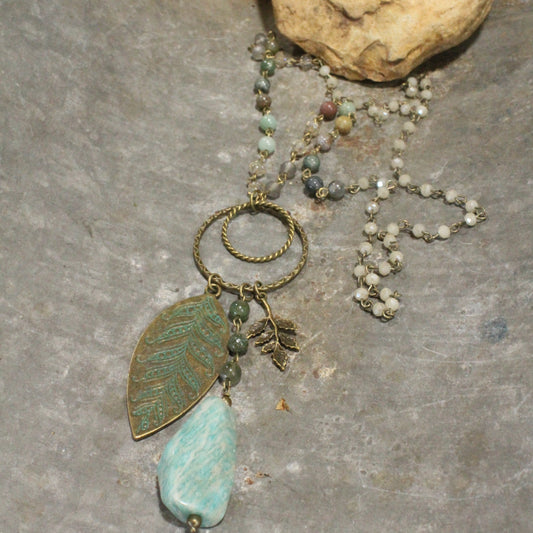 Verdigris Leaf & Beaded Stone Pendant Drop Necklace