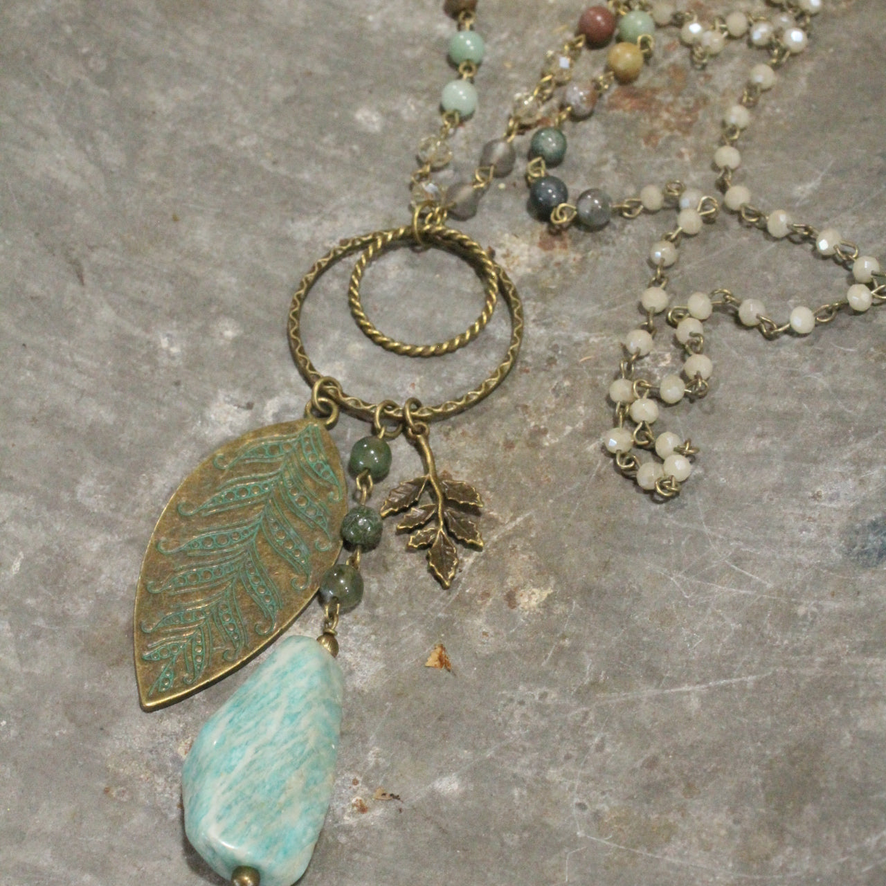 Verdigris Leaf & Beaded Stone Pendant Drop Necklace