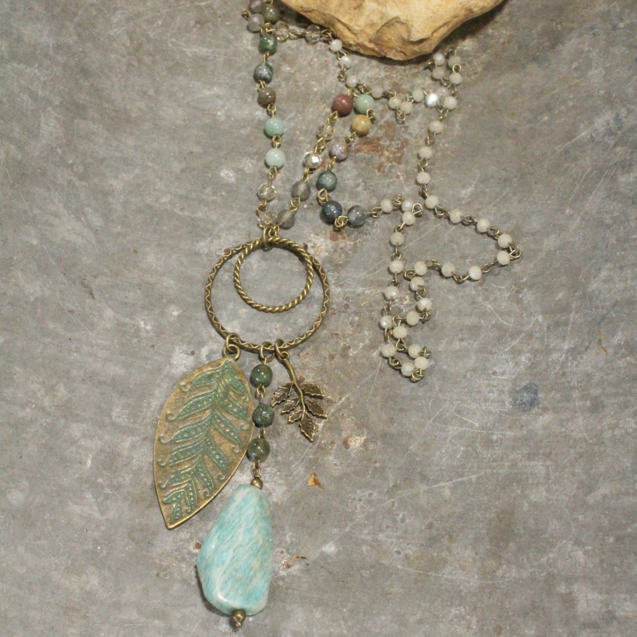 Verdigris Leaf & Beaded Stone Pendant Drop Necklace