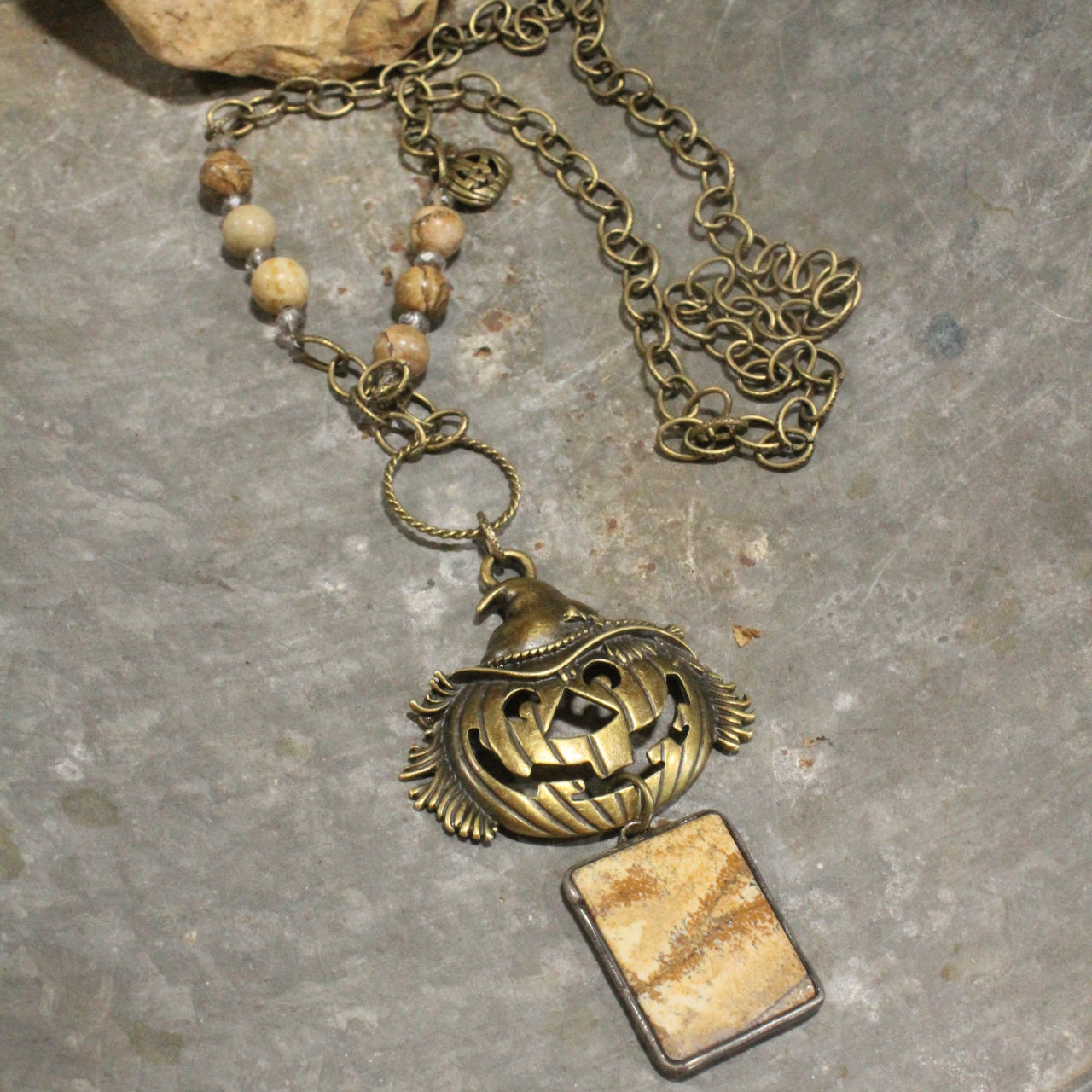 Scarecrow Jack & Jasper Natural Stone Drop Bronze Necklace