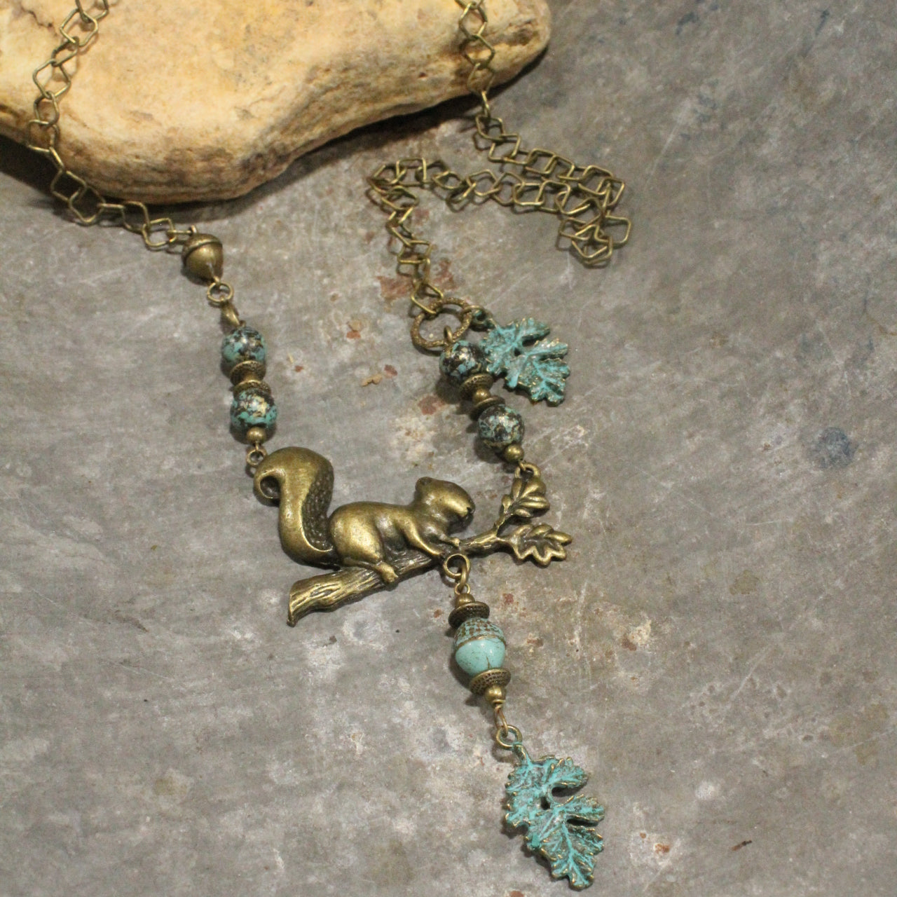 A Squirrel With His Leaves & Acorns Bronze Branched Necklace