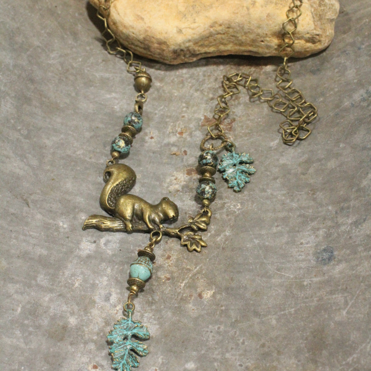 A Squirrel With His Leaves & Acorns Bronze Branched Necklace