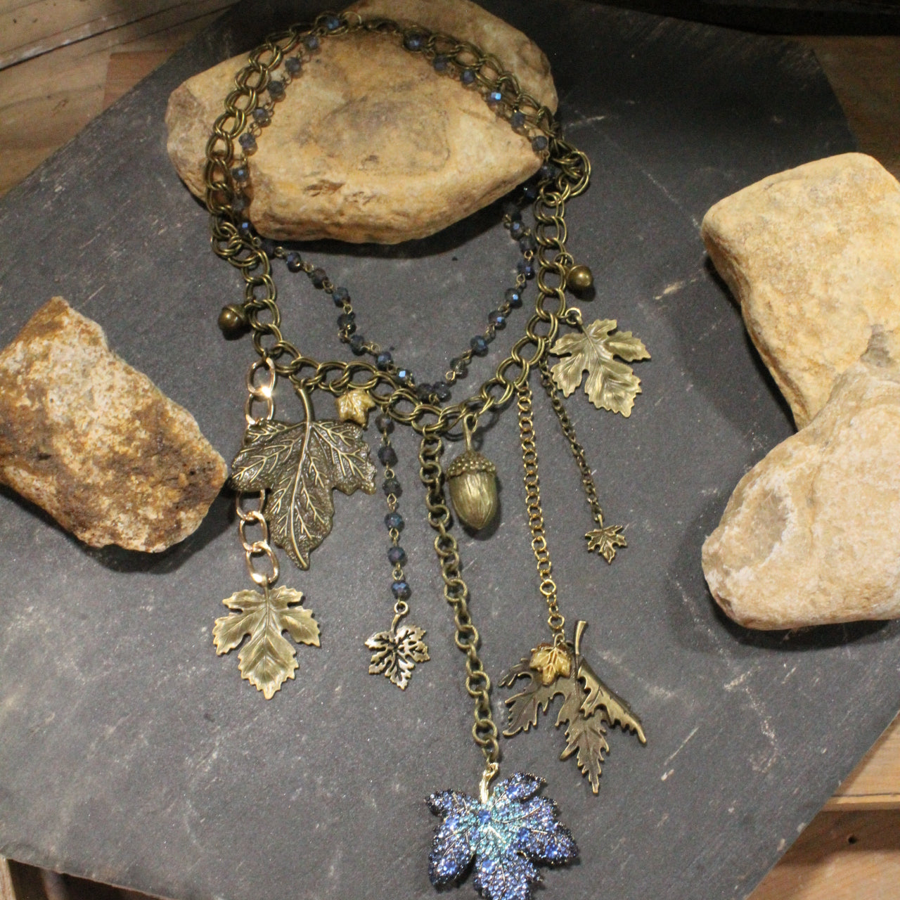 Crisp Blue Leaves Charm'd Necklace