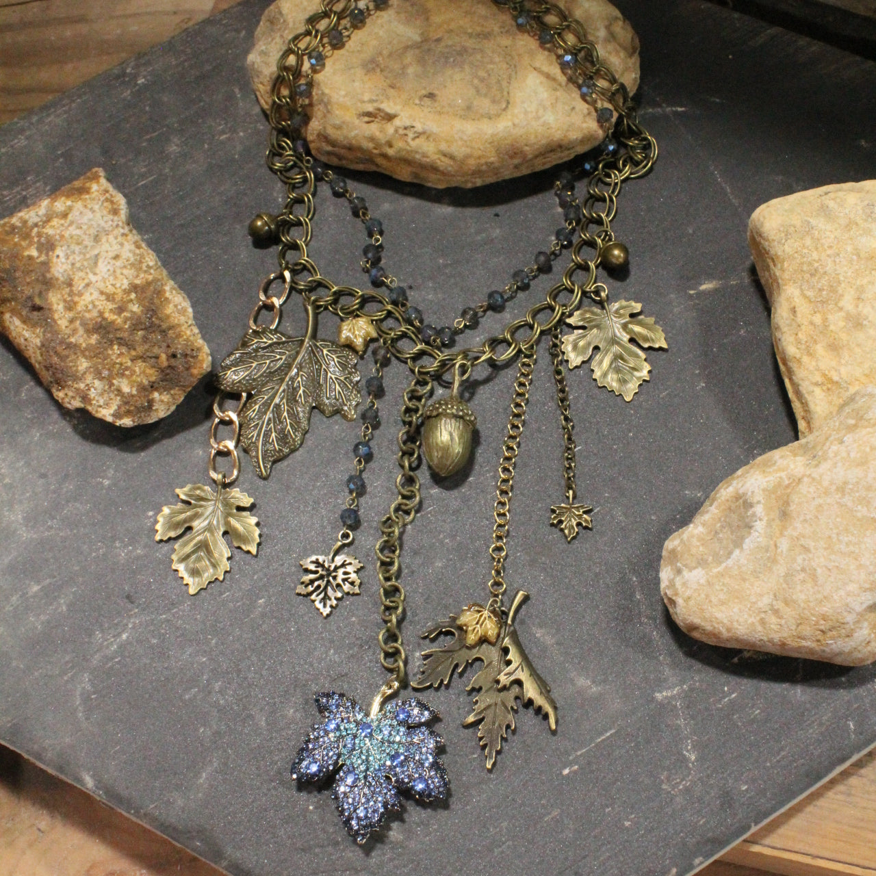 Crisp Blue Leaves Charm'd Necklace