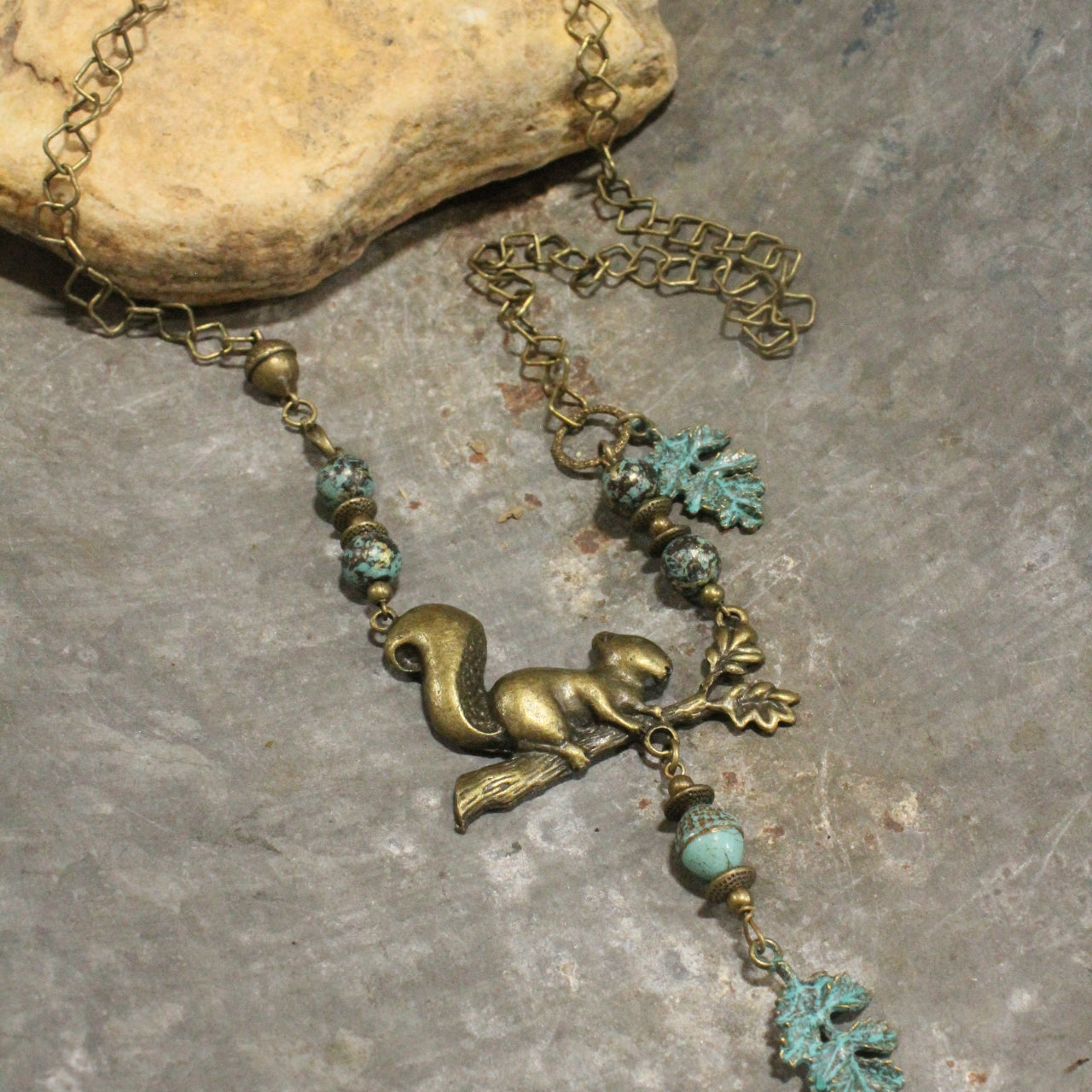 A Squirrel With His Leaves & Acorns Bronze Branched Necklace