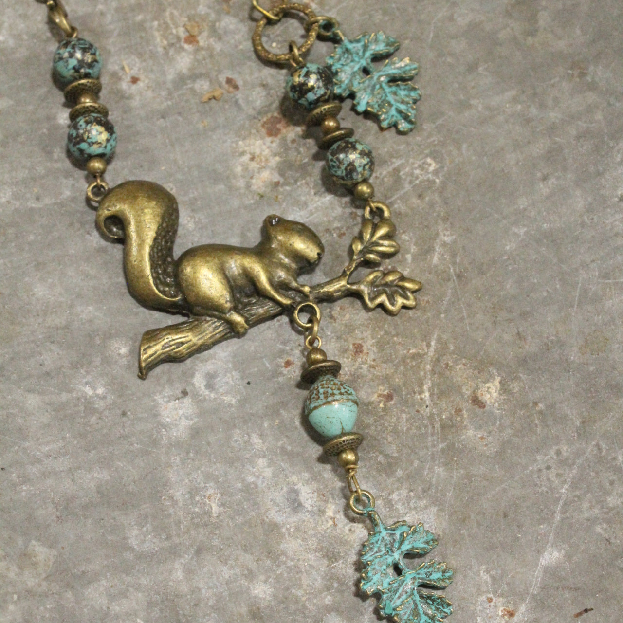 A Squirrel With His Leaves & Acorns Bronze Branched Necklace