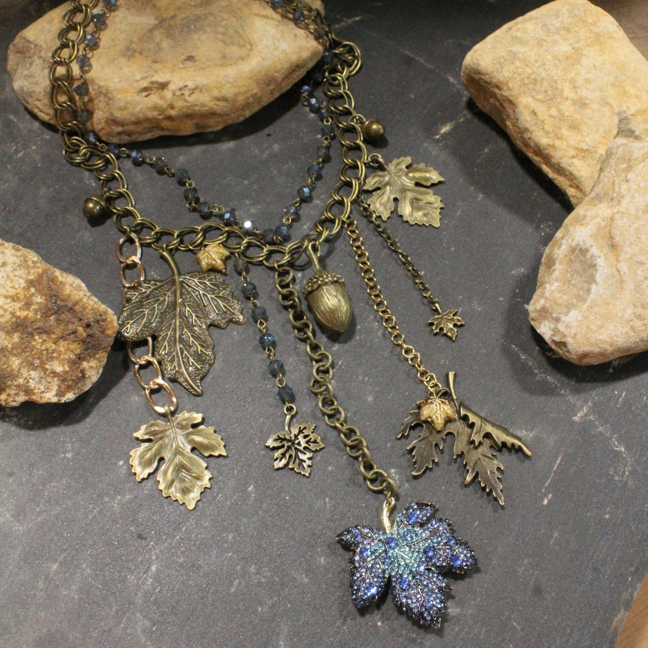 Crisp Blue Leaves Charm'd Necklace