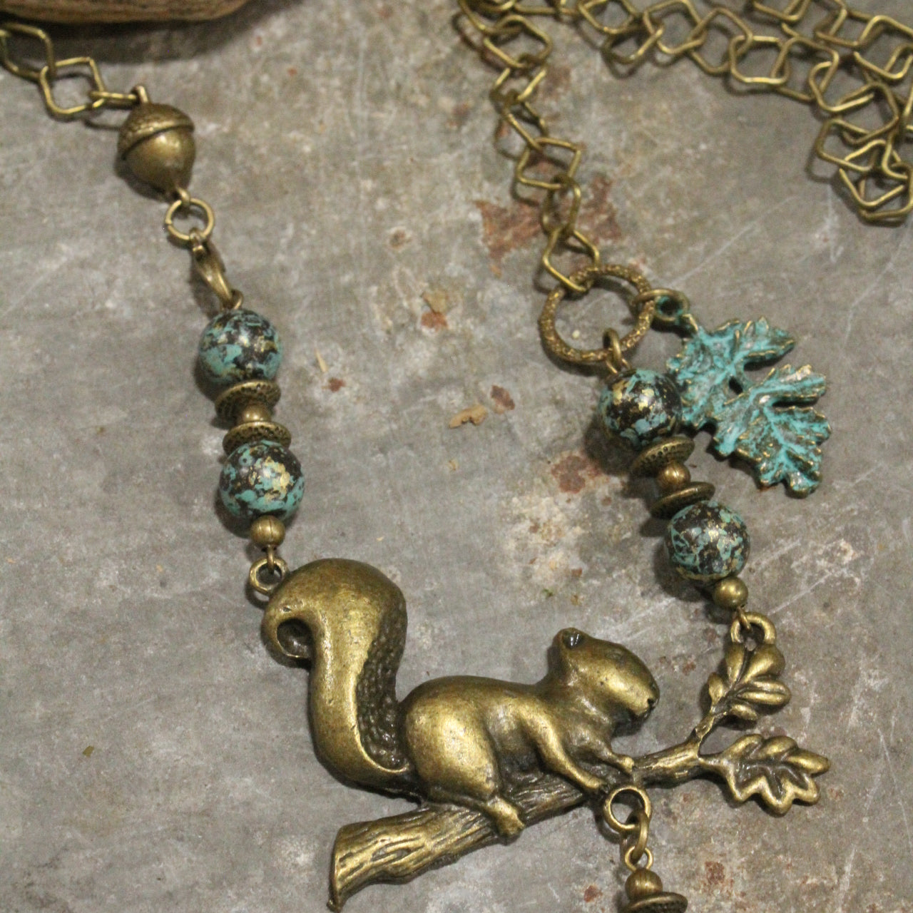 A Squirrel With His Leaves & Acorns Bronze Branched Necklace