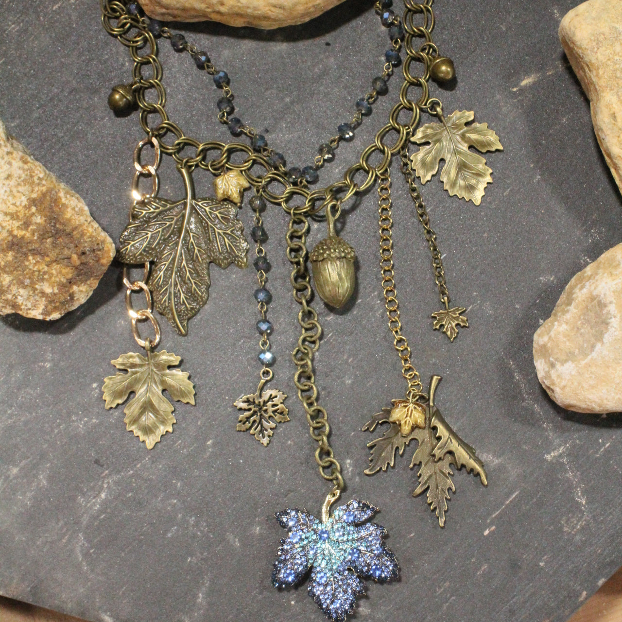 Crisp Blue Leaves Charm'd Necklace