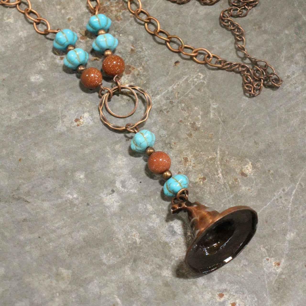 Copper Witches Hat & Pumpkin Pendant Necklace