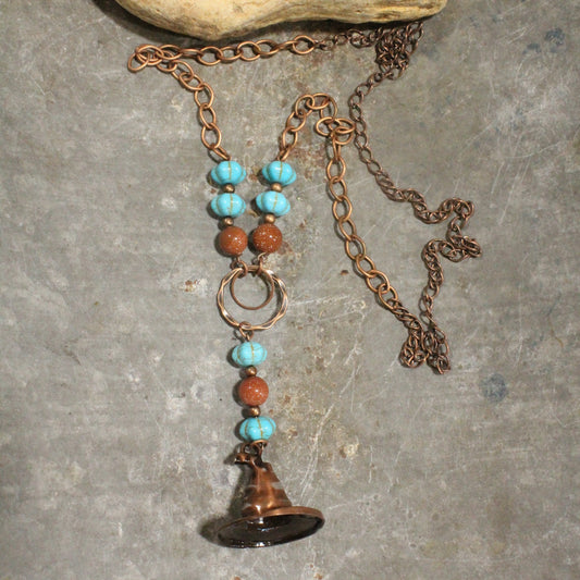 Copper Witches Hat & Pumpkin Pendant Necklace