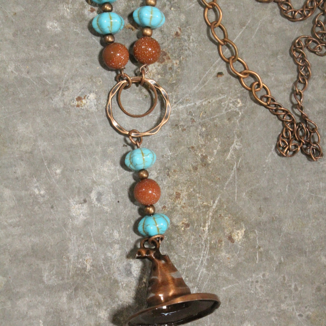 Copper Witches Hat & Pumpkin Pendant Necklace