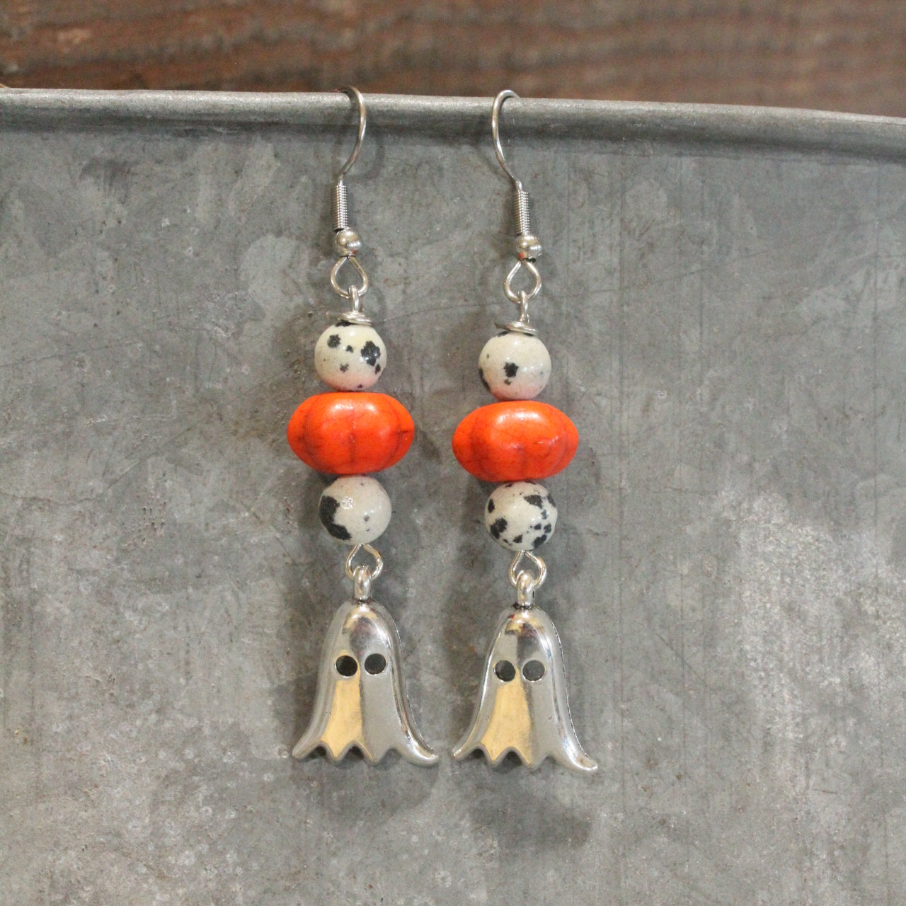 Silver Ghost & Pumpkin Dangle Earrings